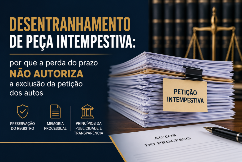 Documentos organizados sobre mesa de escritório com relógio ao fundo, ilustrando o desentranhamento de peça intempestiva.