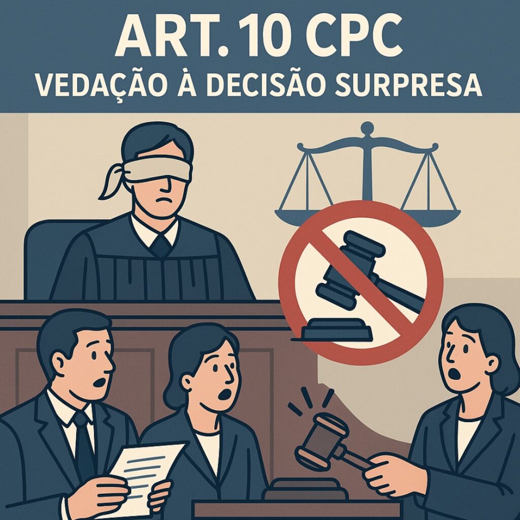 Infográfico explicando o art. 10 CPC, a vedação à decisão surpresa e a importância do contraditório