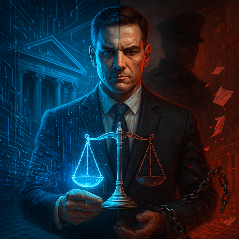 Uma balança da justiça desequilibrada, ilustrando o conceito de lawfare na advocacia e o abuso do direito.