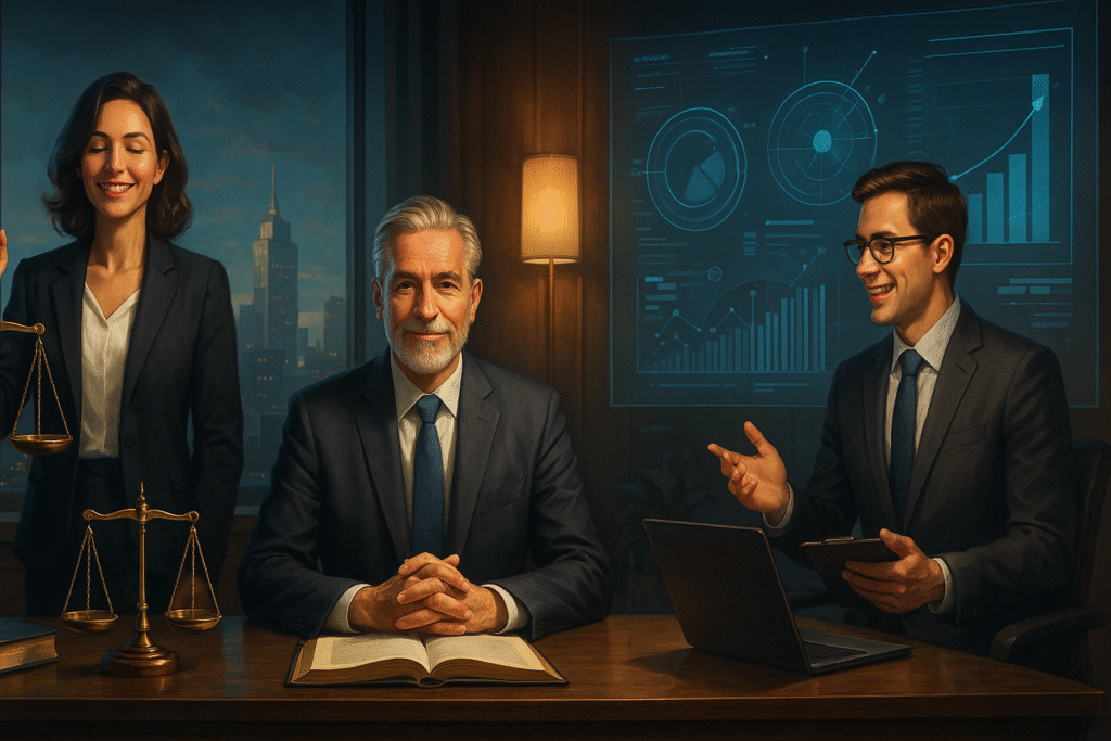 Advogados e gestores em escritório moderno, com balança da justiça e gráficos digitais futuristas.
