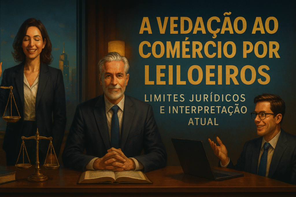Leiloeiro realizando pregão com equipe de apoio logístico ao fundo, em ambiente estruturado com computadores, veículos e documentação.