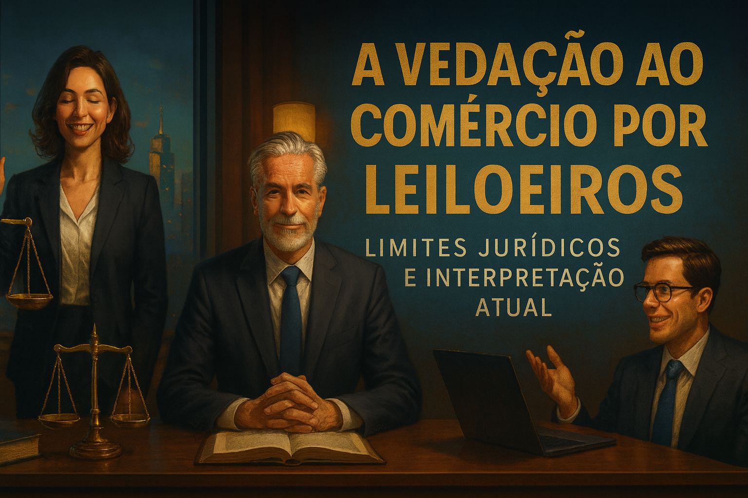 Leiloeiro realizando pregão com equipe de apoio logístico ao fundo, em ambiente estruturado com computadores, veículos e documentação.