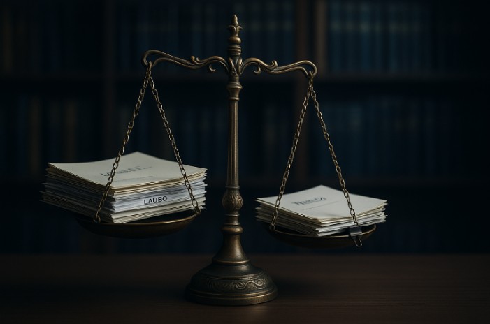 Balança de justiça em mesa de escritório representando o peso do laudo pericial sobre o parecer do assistente