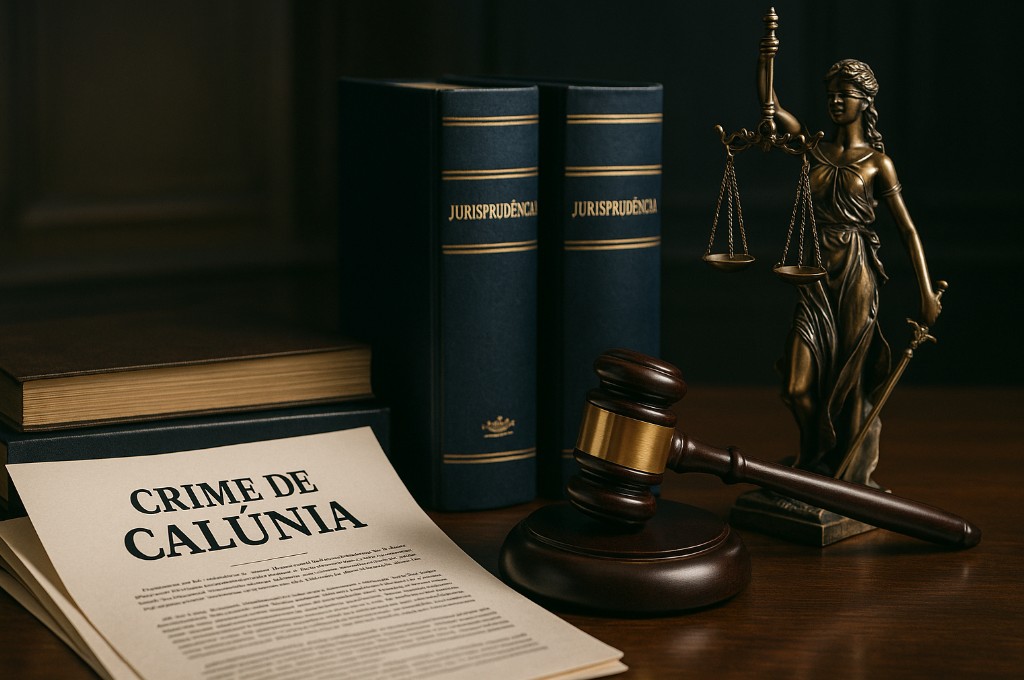 Martelo de juiz e processos sobre mesa, ilustrando a jurisprudência sobre crime de calúnia e imunidade.