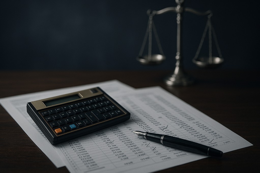 Calculadora financeira e planilhas em mesa de escritório, ilustrando a revisão de excesso de execução