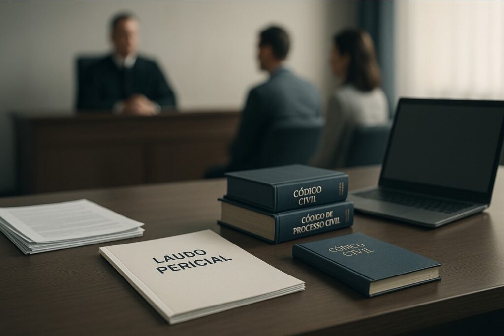 Mesa de escritório com documentos jurídicos focados, representando a análise do assistente técnico em ações de família