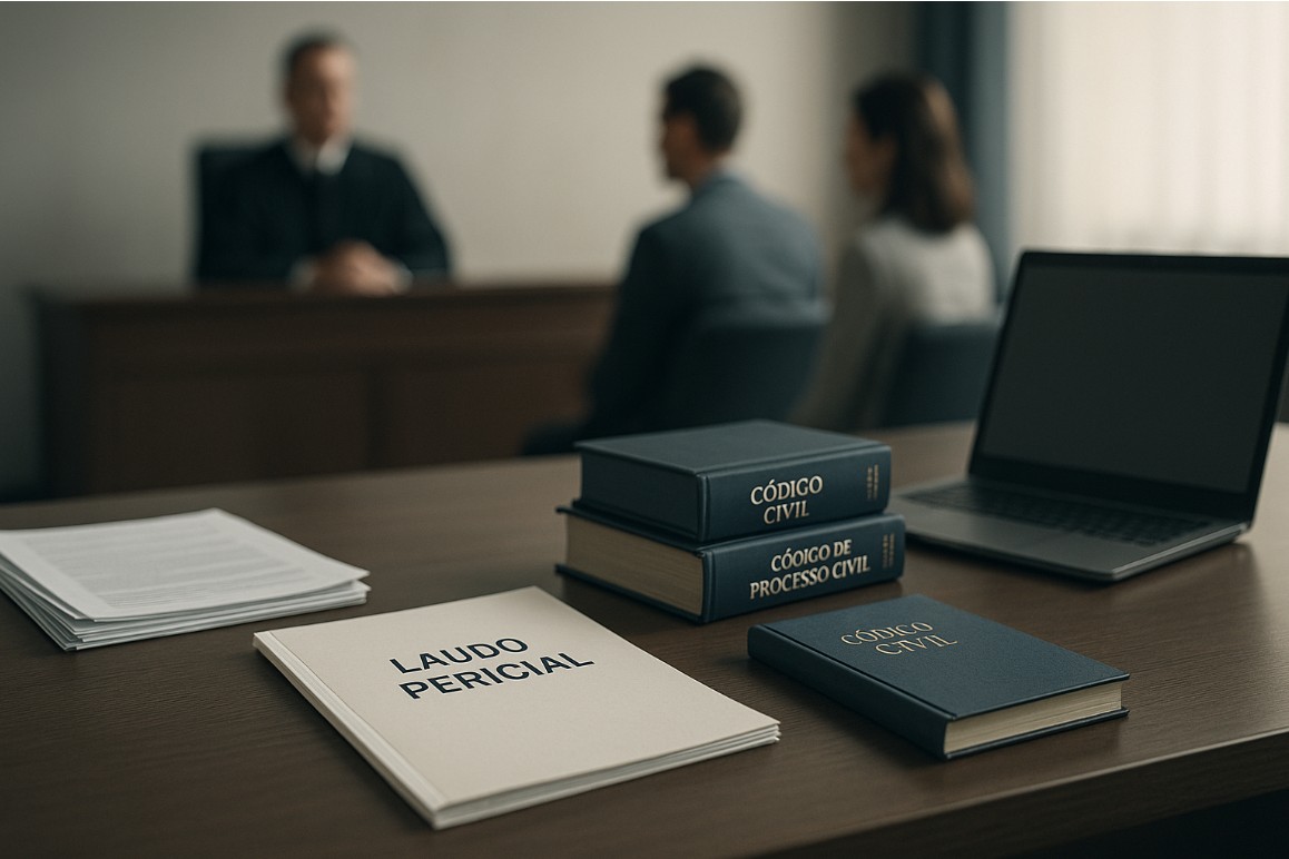 Mesa de escritório com documentos jurídicos focados, representando a análise do assistente técnico em ações de família