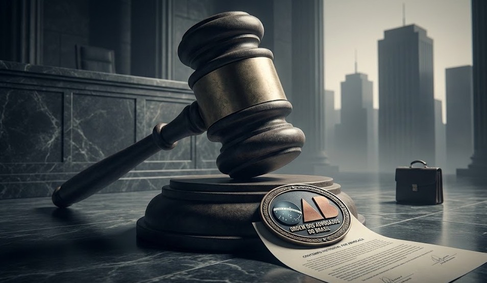 Ilustração metafórica representando o conceito jurídico de desprezo institucional pela advocacia, mostrando um símbolo da OAB sendo marginalizado por estruturas judiciárias imponentes.