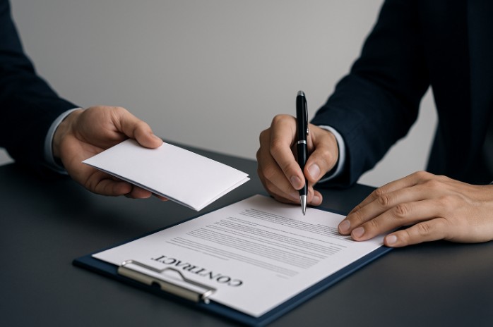 Mãos assinando rescisão contratual em mesa de escritório, simbolizando a restituição em parcela única e o direito do consumidor.