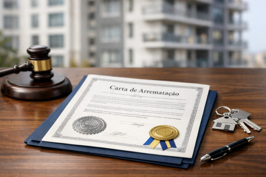 Documento de carta de arrematação sobre mesa, simbolizando a arrematação extrajudicial e o registro imobiliário.