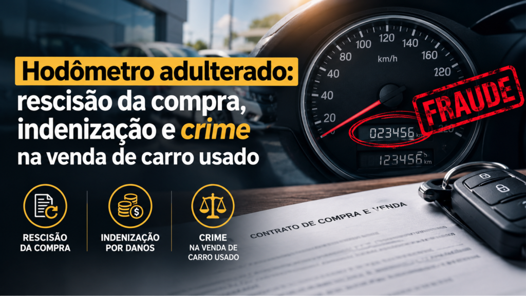 Painel de picape com hodômetro adulterado em destaque e scanner de diagnóstico ao fundo.