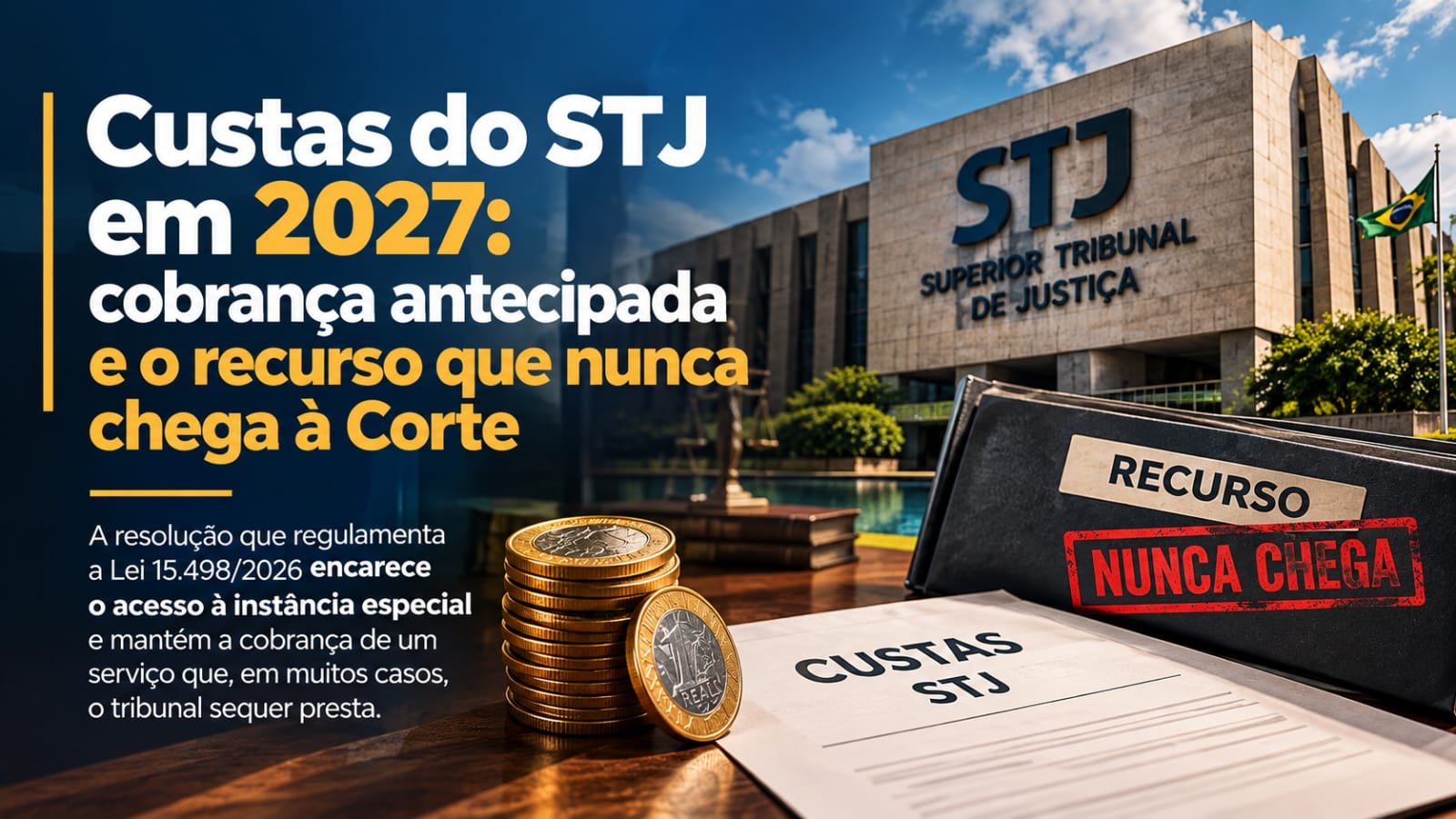 Guia de recolhimento e processo sobre a mesa, ilustrando as custas do STJ a partir de 2027.