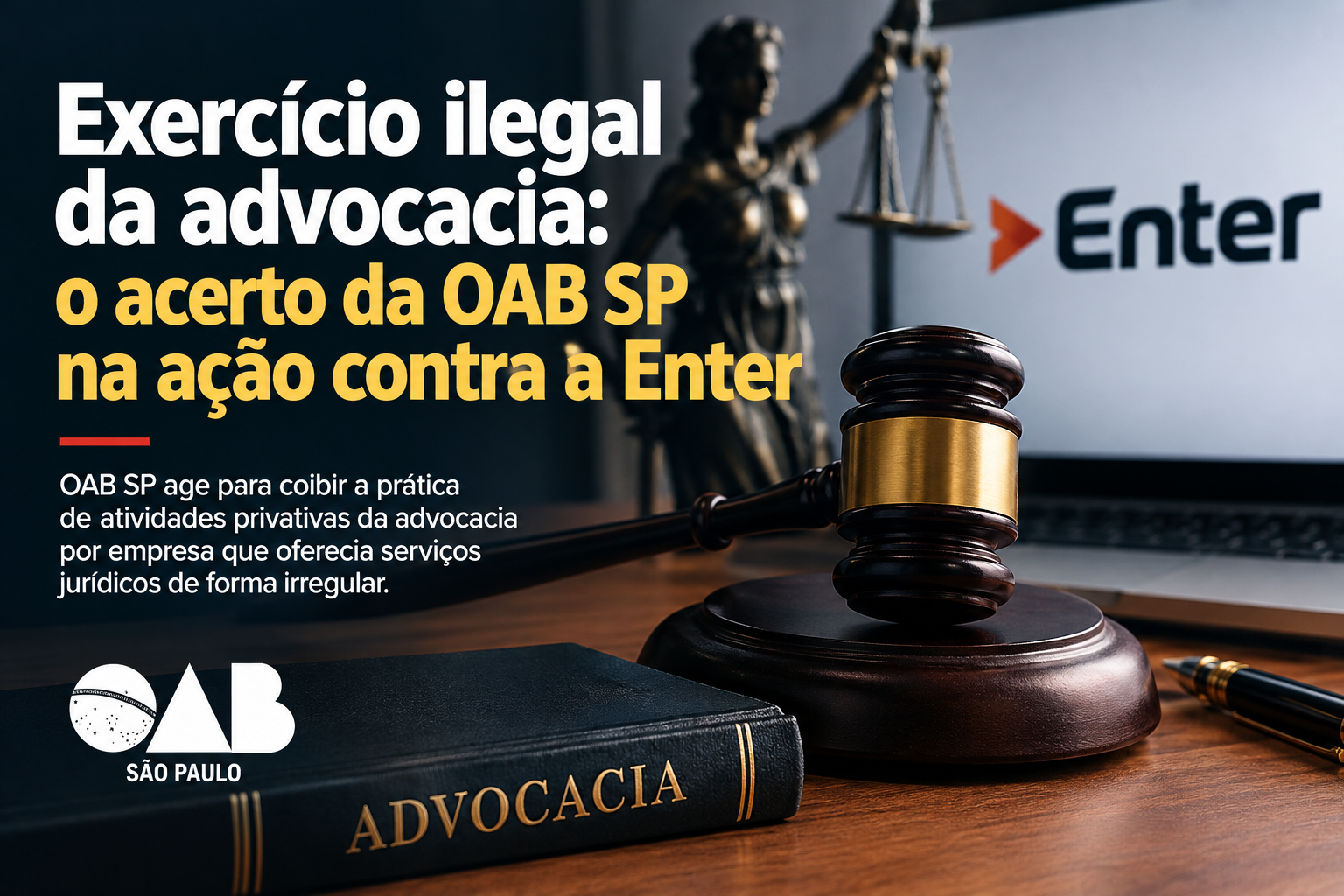 Mesa com autos impressos e monitor com texto gerado por IA, ilustrando o exercício ilegal da advocacia por plataformas.
