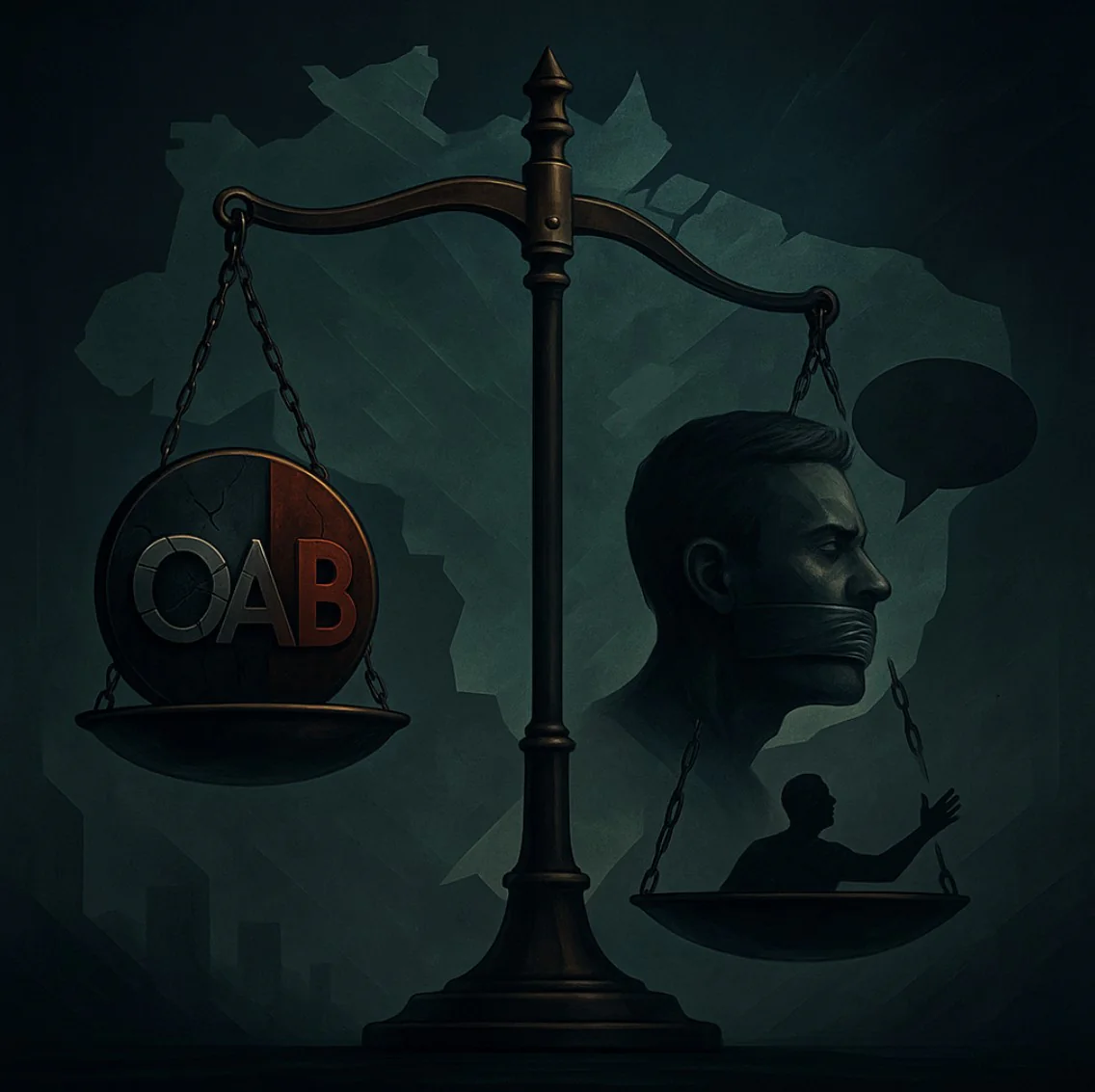 Balança da justiça desequilibrada simbolizando a Parcialidade Política da OAB em suas atuações.