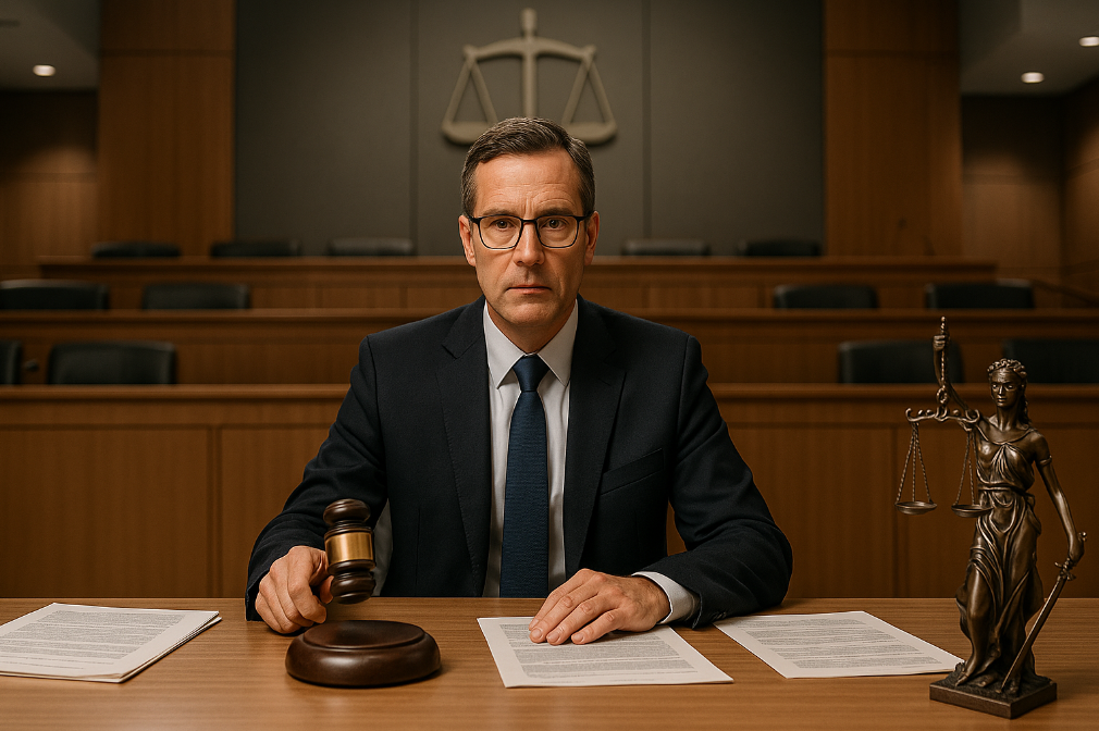 Leiloeiro realizando pregão com equipe de apoio logístico ao fundo, em ambiente estruturado com computadores, veículos e documentação.