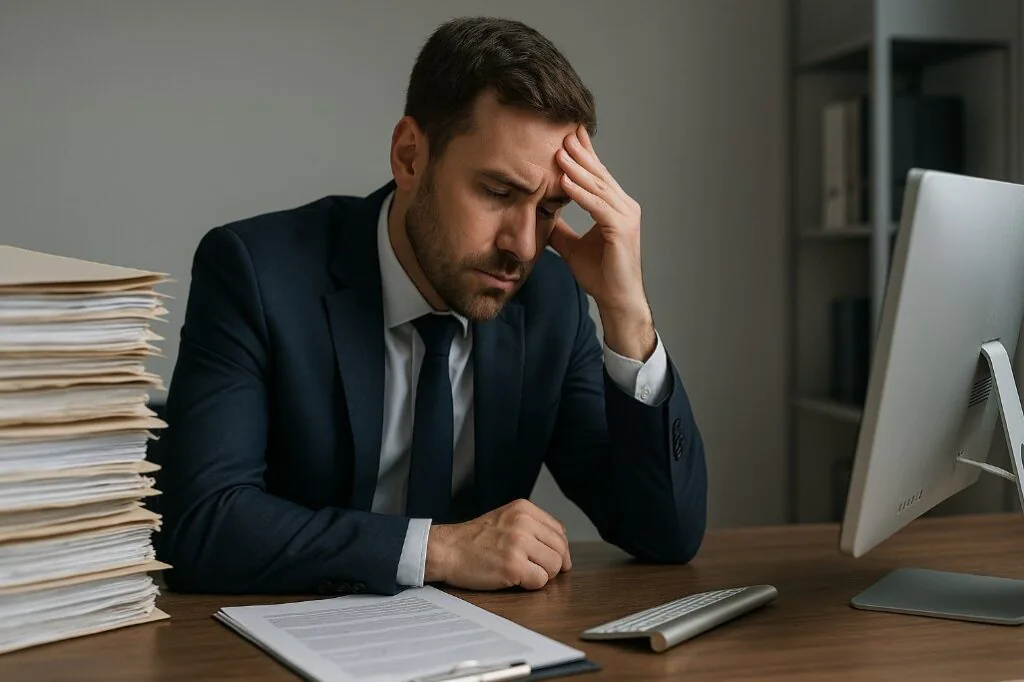 dvogado em escritório analisando processos complexos, ilustrando a atecnia judicial.