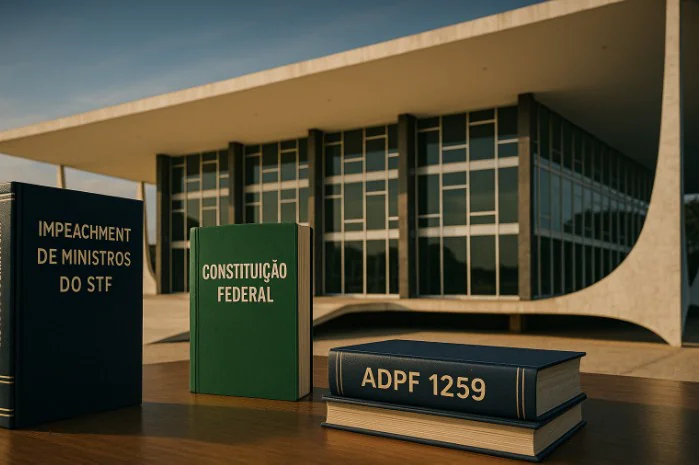 Em primeiro plano, a fachada do Supremo Tribunal Federal com iluminação suave de fim de tarde, atmosfera séria e inspiradora. Elementos visuais sutis que remetam a equilíbrio institucional e controle constitucional (livros jurídicos, Constituição, luz difusa destacando a arquitetura).