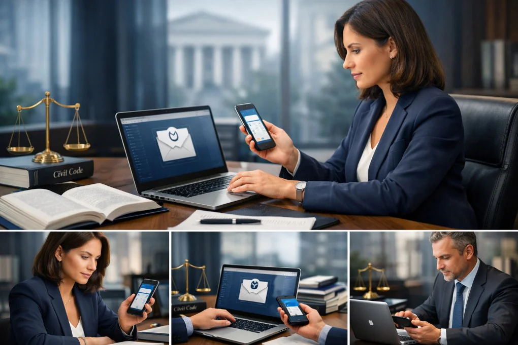 Tablet com notificação digital em mesa de advogado, contrastando com envelope ao fundo
