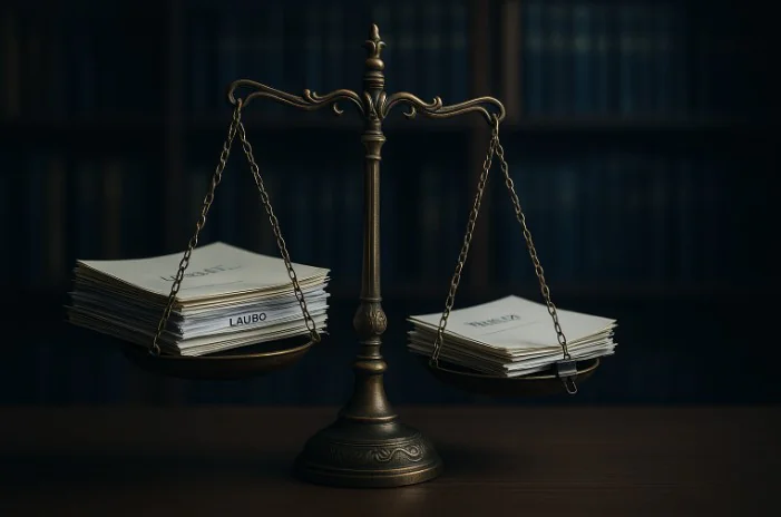 Balança de justiça em mesa de escritório representando o peso do laudo pericial sobre o parecer do assistente