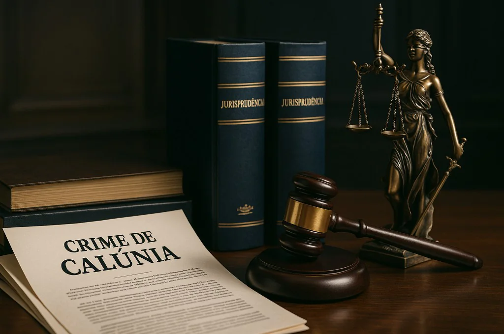 Martelo de juiz e processos sobre mesa, ilustrando a jurisprudência sobre crime de calúnia e imunidade.
