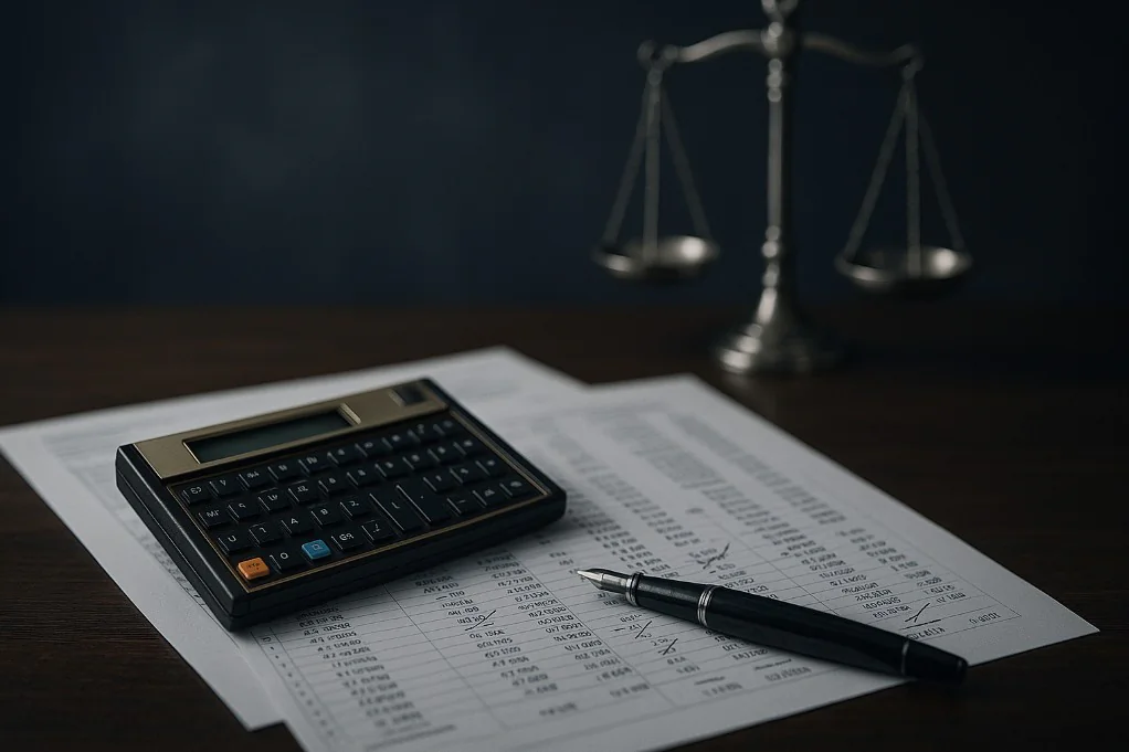 Calculadora financeira e planilhas em mesa de escritório, ilustrando a revisão de excesso de execução