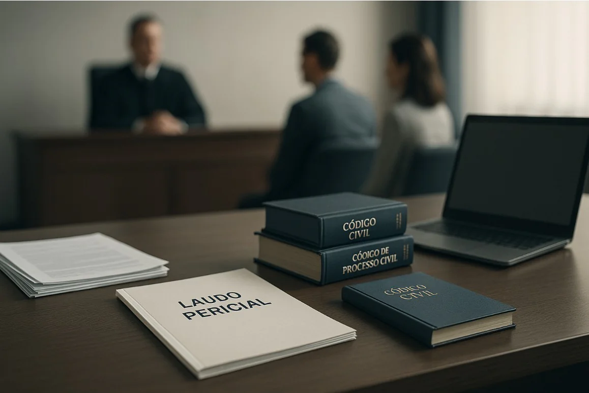 Mesa de escritório com documentos jurídicos focados, representando a análise do assistente técnico em ações de família