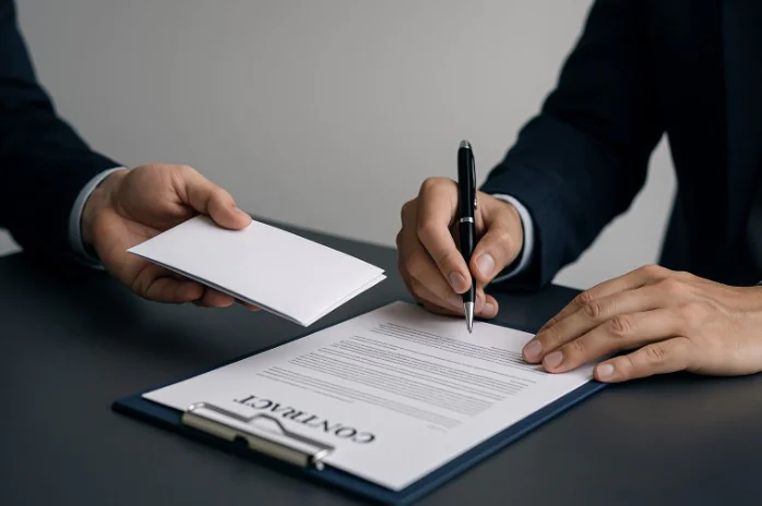 Mãos assinando rescisão contratual em mesa de escritório, simbolizando a restituição em parcela única e o direito do consumidor.