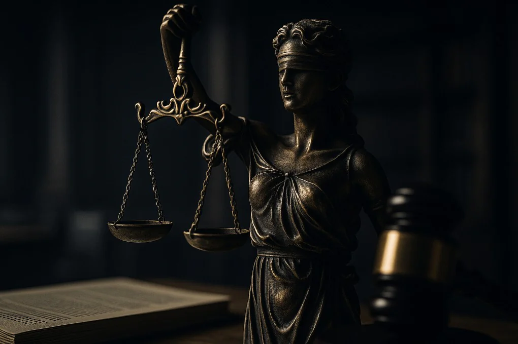 Detalhe da estátua da Justiça representando a atipicidade do crime funcional de quebra de segredo.