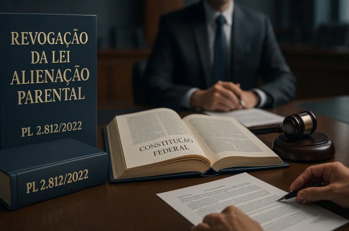 Mesa de tribunal com livros jurídicos, incluindo um volume intitulado “Revogação da Lei de Alienação Parental — PL 2.812/2022”, a Constituição Federal aberta, um martelo de juiz e duas pessoas analisando documentos, em ambiente formal e iluminado suavemente.