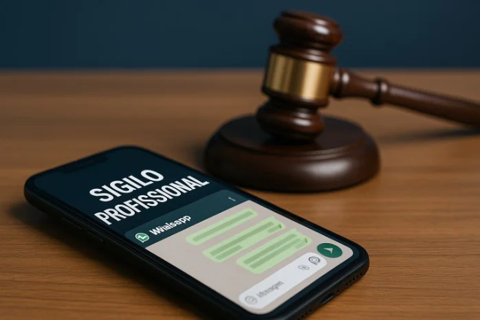 Smartphone com cadeado digital simbolizando o sigilo das conversas de WhatsApp entre advogados