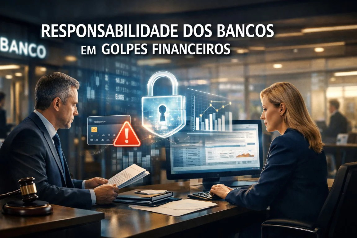 Advogados analisam documentos e dados bancários em ambiente corporativo moderno, com ícones de segurança digital e alerta de fraude financeira, representando a responsabilidade dos bancos em golpes financeiros.