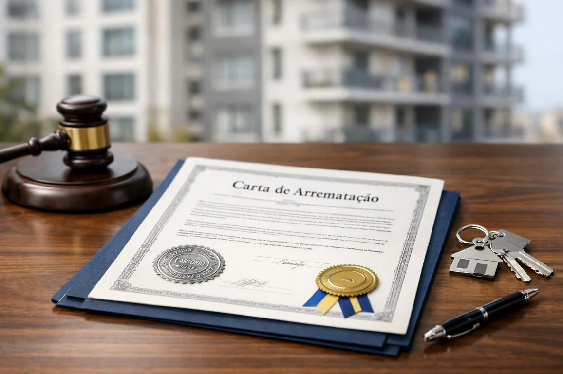 Documento de carta de arrematação sobre mesa, simbolizando a arrematação extrajudicial e o registro imobiliário.