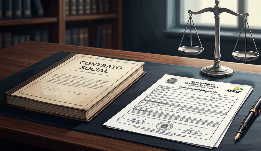 Ilustração fotorrealista comparando uma Ficha da JUCESP em destaque frente a um Contrato Social, simbolizando a desnecessidade de exigência documental em processos judiciais