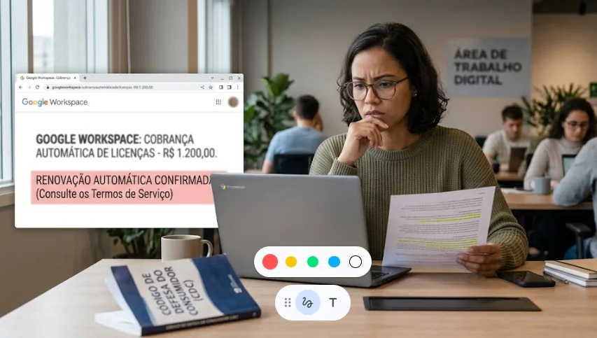 Cobrança automática Google Workspace — tela de fatura inesperada exibida em notebook sobre mesa de escritório