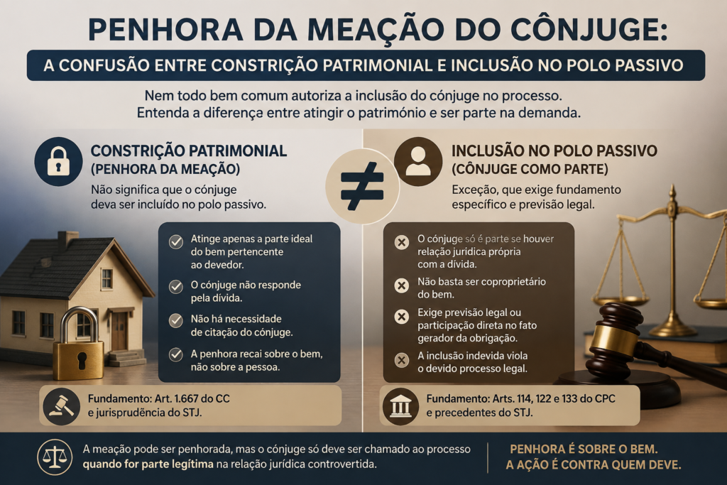 Penhora da meação do cônjuge não depende de inclusão no polo passivo. Veja o que decidem o STJ e os TJs sobre o art. 790, IV, do CPC.