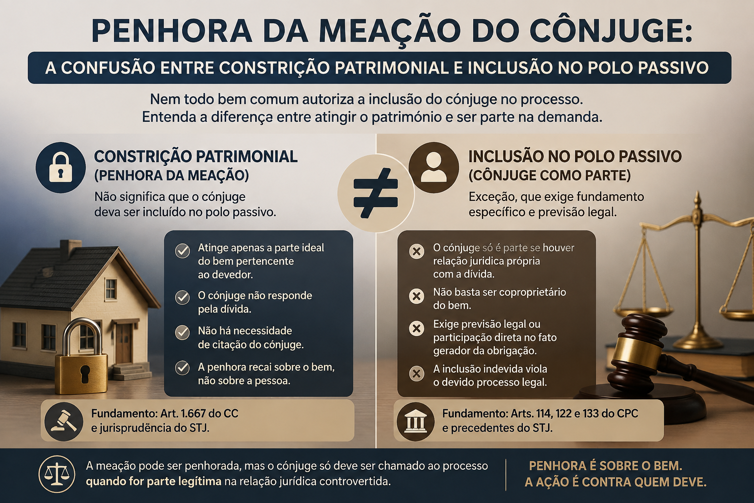 Penhora da meação do cônjuge não depende de inclusão no polo passivo. Veja o que decidem o STJ e os TJs sobre o art. 790, IV, do CPC.