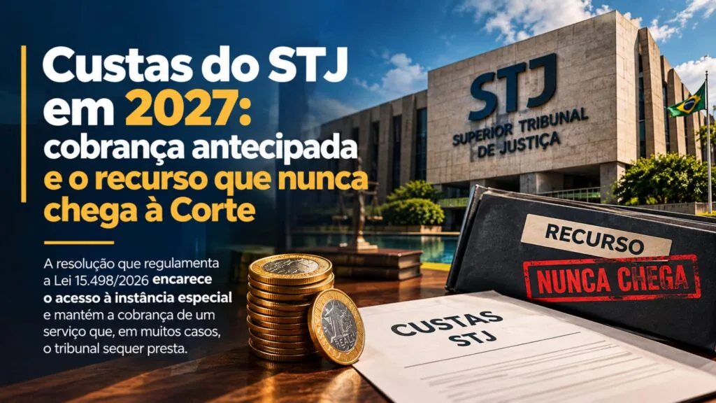 Guia de recolhimento e processo sobre a mesa, ilustrando as custas do STJ a partir de 2027.
