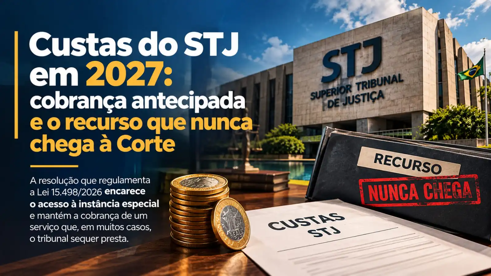 Guia de recolhimento e processo sobre a mesa, ilustrando as custas do STJ a partir de 2027.