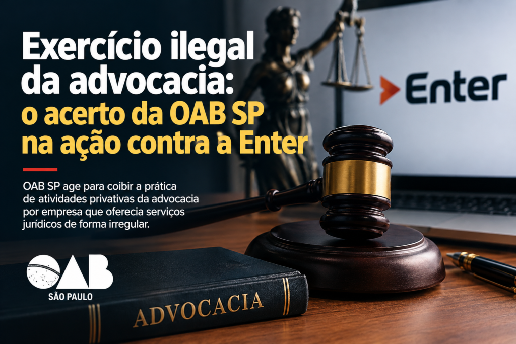Mesa com autos impressos e monitor com texto gerado por IA, ilustrando o exercício ilegal da advocacia por plataformas.