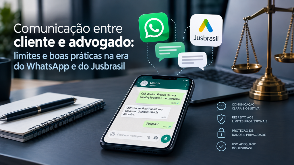 Smartphone virado para baixo ao lado de autos e agenda, ilustrando a comunicação entre cliente e advogado.
