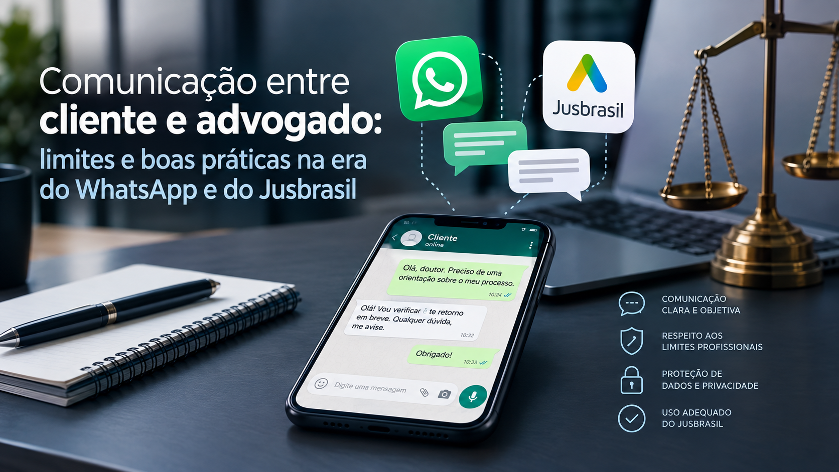 Smartphone virado para baixo ao lado de autos e agenda, ilustrando a comunicação entre cliente e advogado.